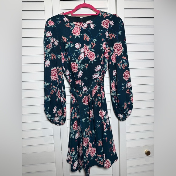 Eliza J Women’s Green and Pink Floral Long Sleeve Dress Tie Waist Size 6 - Picture 3 of 9